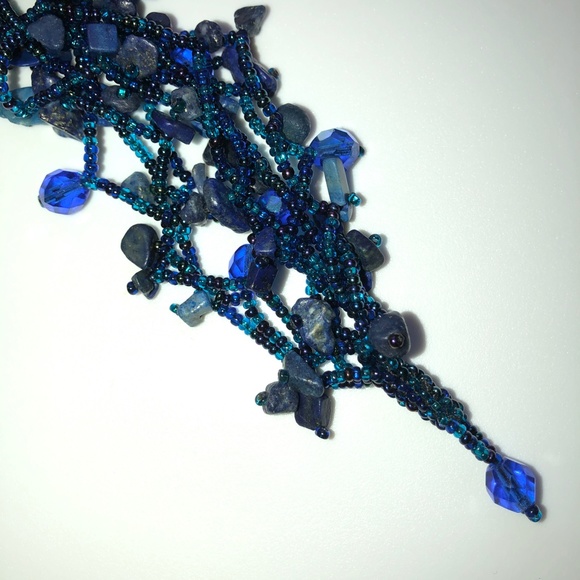 HANDMADE Lapis Lazuli Pebble Seed Crystal Bead Beaded Bracelet Peacock Blue NEW! - Picture 7 of 12